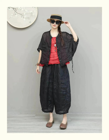 Lightweight Ramie Pant Women Summer Loose Wide-leg Cropped Pants Black LX5765