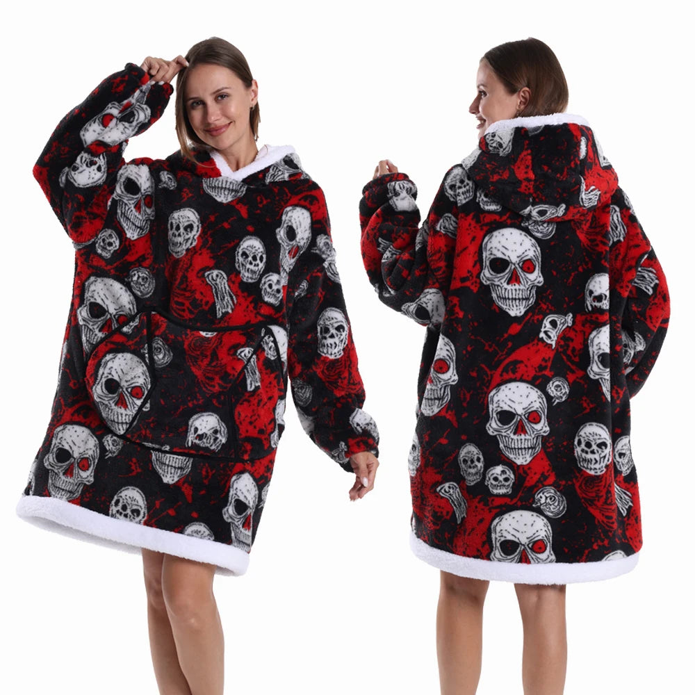 Women Hoodies Fluffy Warm Black Grey Long Sleeve Top Halloween Pumpkin Skull Ghost Hoodie Blanket Oversized Adult Winter Clothes