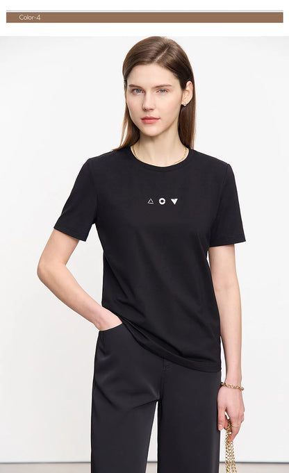 Amii Minimalist T-shirt Women's Tops O-neck Short Sleeves Geometric Decoration Antibacterial Cotton Elastic Casual Tees 12521088