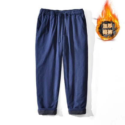 Men's Winter Thickened Cotton Linen Casual Pants Loose Fit Thermal Long Trousers Traditional Chinese Style Warm Cotton Padded