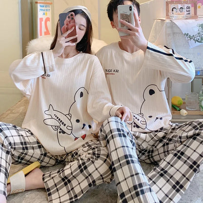 Couple Pajamas Set Cotton Autumn Long Sleeves Pants Home Suit Striped Lovers Sleepwear Comfortable Two-piece Female Pyjamas