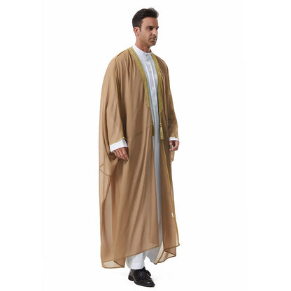 Middle Eastern Men's Long Robe Muslim Dress Kimono Islamic Clothing Prayer Ramadan Eid Al Fitr Hanging Tassel Outer Garment