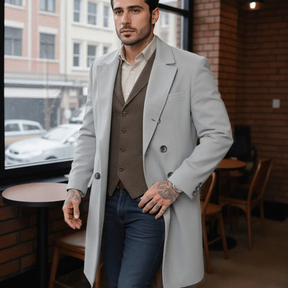 Men's Premium Mid-Length Double Breasted Woolen Coat Heavyweight Thickened Warm Lined Jacket for Winter