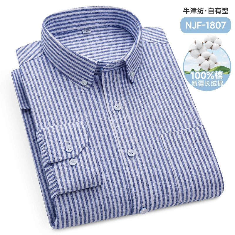 Classic Men's Long Sleeved Check Shirts 100% Oxford Cotton Casual Fashion Soft Plaid Stripe Solid Male Business Slim Fit Blouses