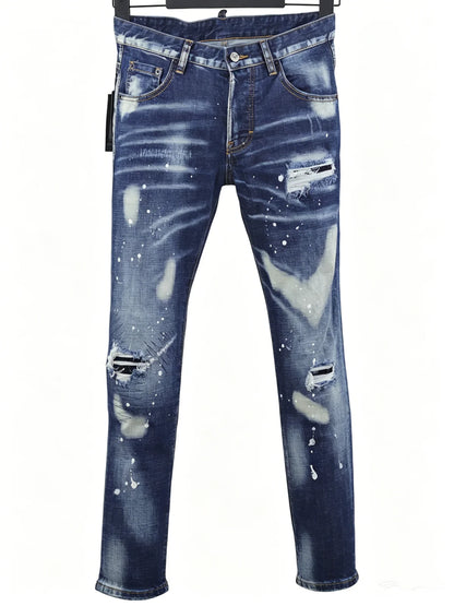 6058 Four Seasons New Men's Wash Grinding Hole Patch Paint Splash Ink Micro-bullet Leg Grey Jeans for Men