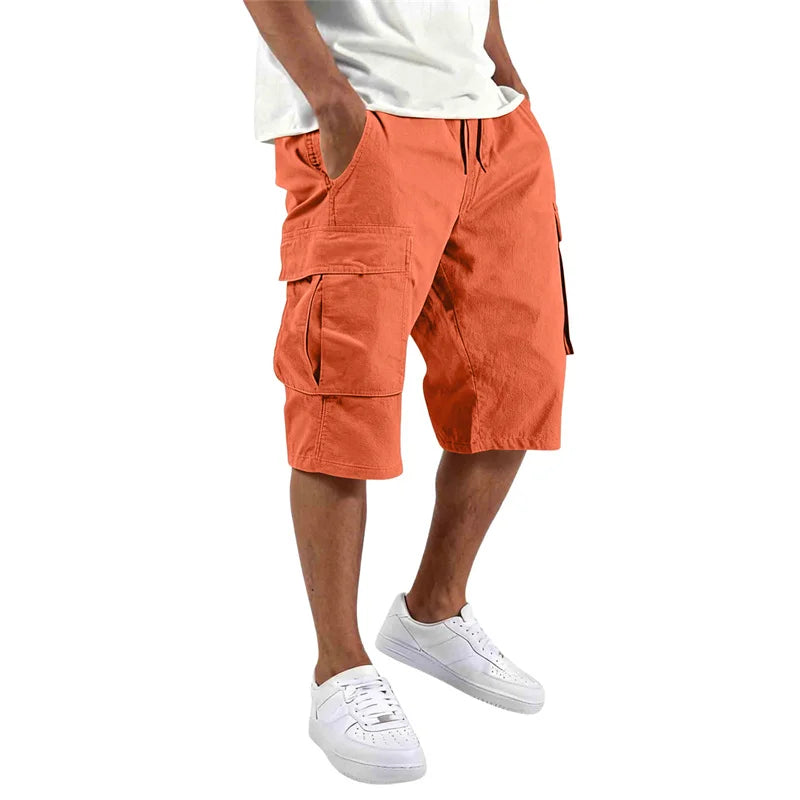 Summer Men Loose Straight Pants Casual Multi-Pocket Shorts Pure Color Fashion Men Shorts Drawstring Daily Cargo Short Pants