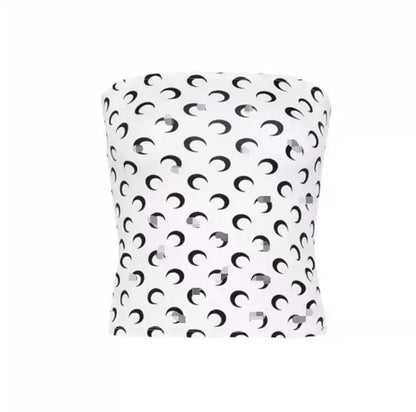 New Fashion Moon Print Sexy Short Crop Top Women's Summer Korean Style Leisure Streetwear Sweet Strapless Slim Fit Blouse