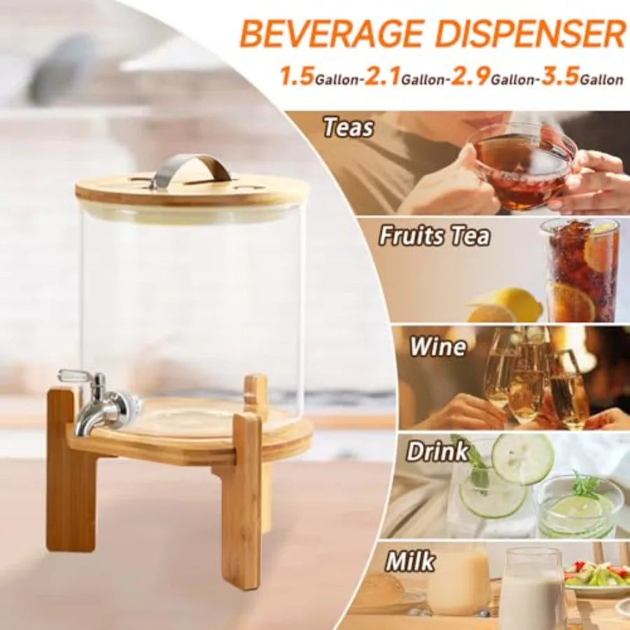 Beverage Dispenser, Glass Drink Dispenser with Stand, Glass water dispenser with Spigot, Large Drink Dispensers for Parties, Ba