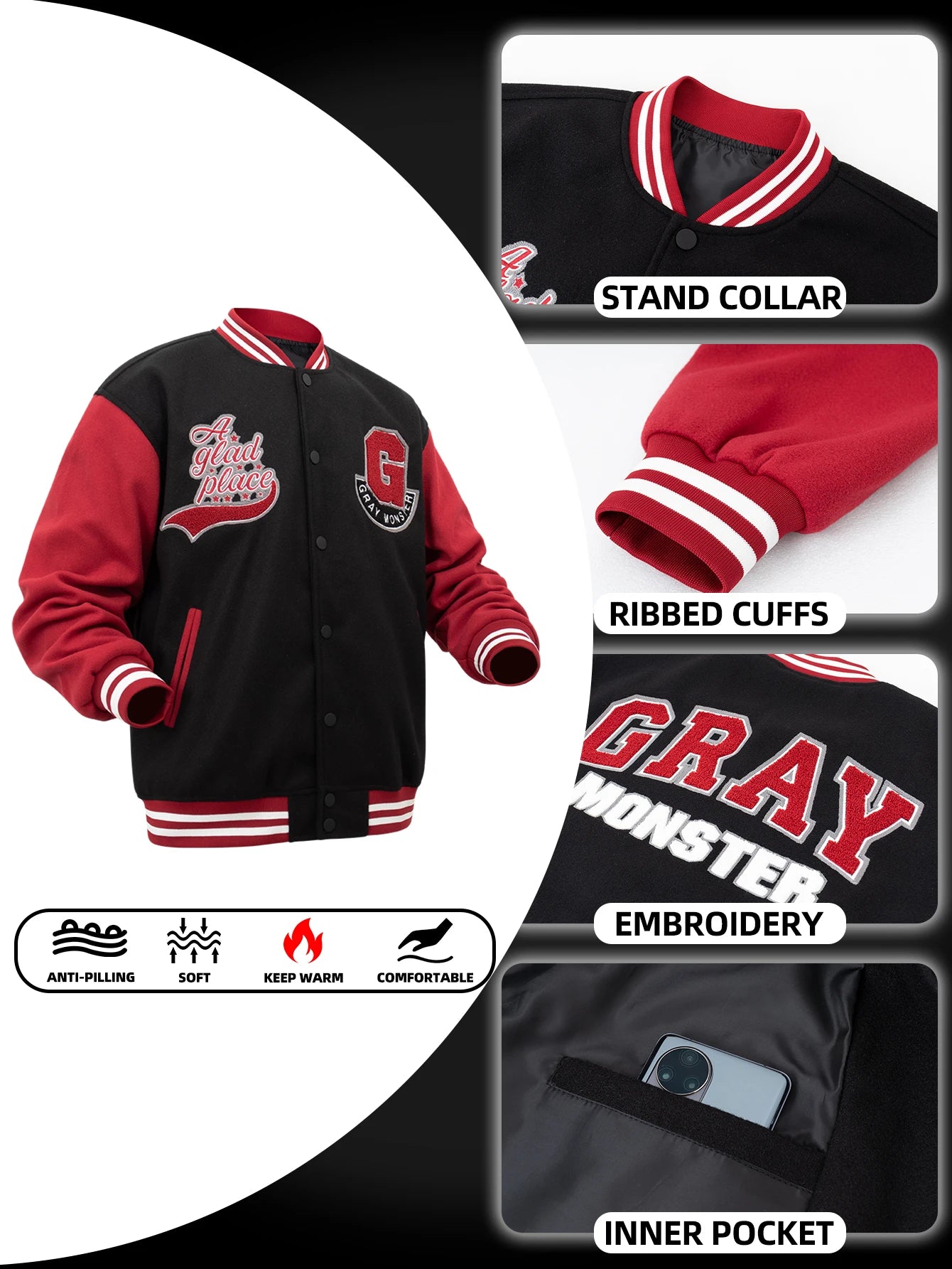 Men's Letterman Jacket Vintage Vasity Baseball Coat Casual Streetwear Outerwear with 'G' Letter Embroidery & Inner Pocket