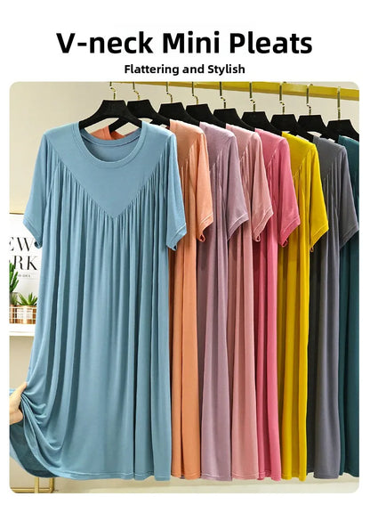 Loose plus Size Sp Dr Modal Women's Summer Thin Home Gown Skirt Sle round Ne ort Sve Long Dr Korean Sle