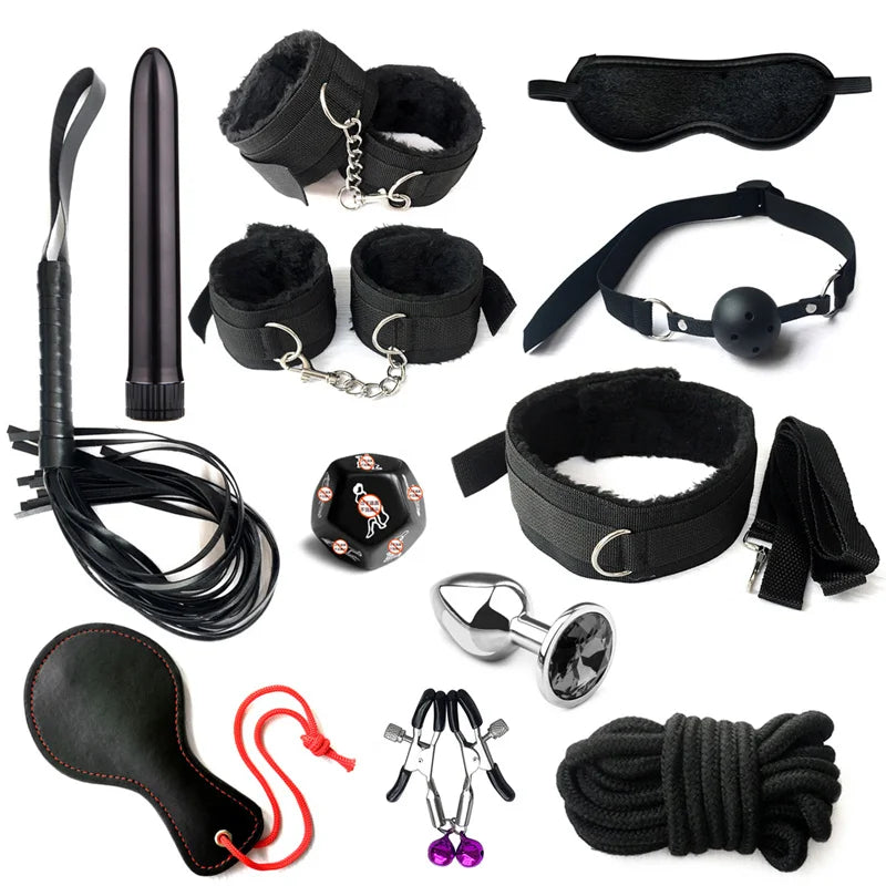 Sex Bondage Set Plush Sex Toy BDSM Kits for Women Couples Adult Games Adjustable Handcuffs Ankle Whip Gag Nipple Clamps Toys