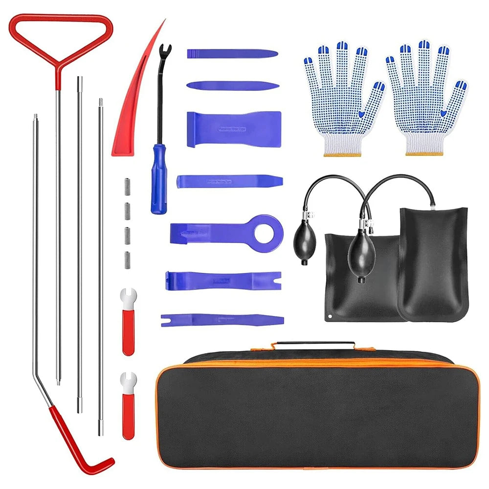 24Pcs Car Door Panel Removal Tool Kit Stainless Steel Car Unlock Tools Air Wedge Pry Bars Trim Removal Set Auto Window Glass Repair Hand Tools with Storage Bag