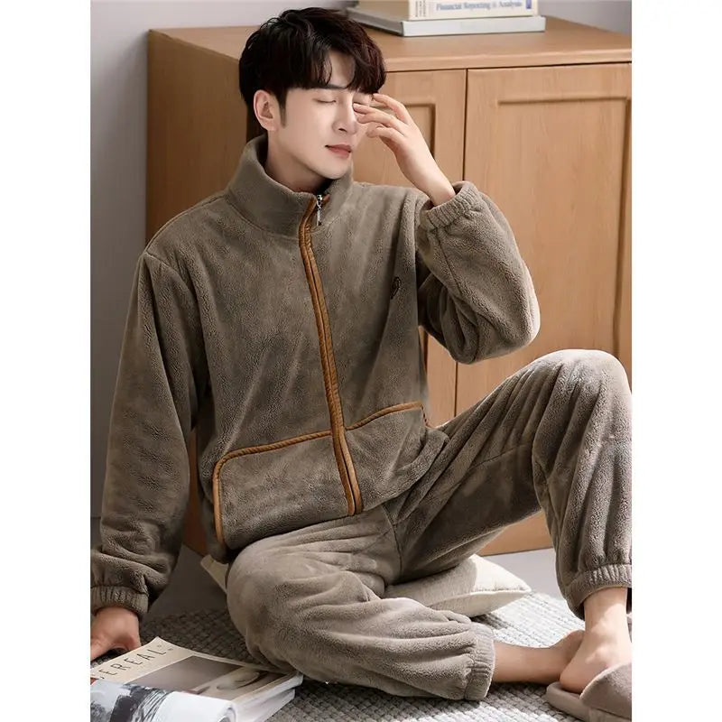 Men's Winter Sleepwear Coral Fleece Thickened Flannel Casual Long Sleeve Pajamas Large Size Home Clothes Chinese Style