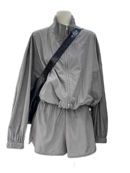 Summer Lightweight Casual Sportswear Set for Women with Stand Collar Drawstring Jacket And Wide Leg Shorts Two Piece Suit
