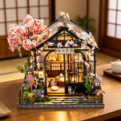 DIY Miniature Dollhouse Kit Japanese Sakura Greenhouse with LED Light Included 3D Wooden Puzzle of Furniture Decor Craft Gifts