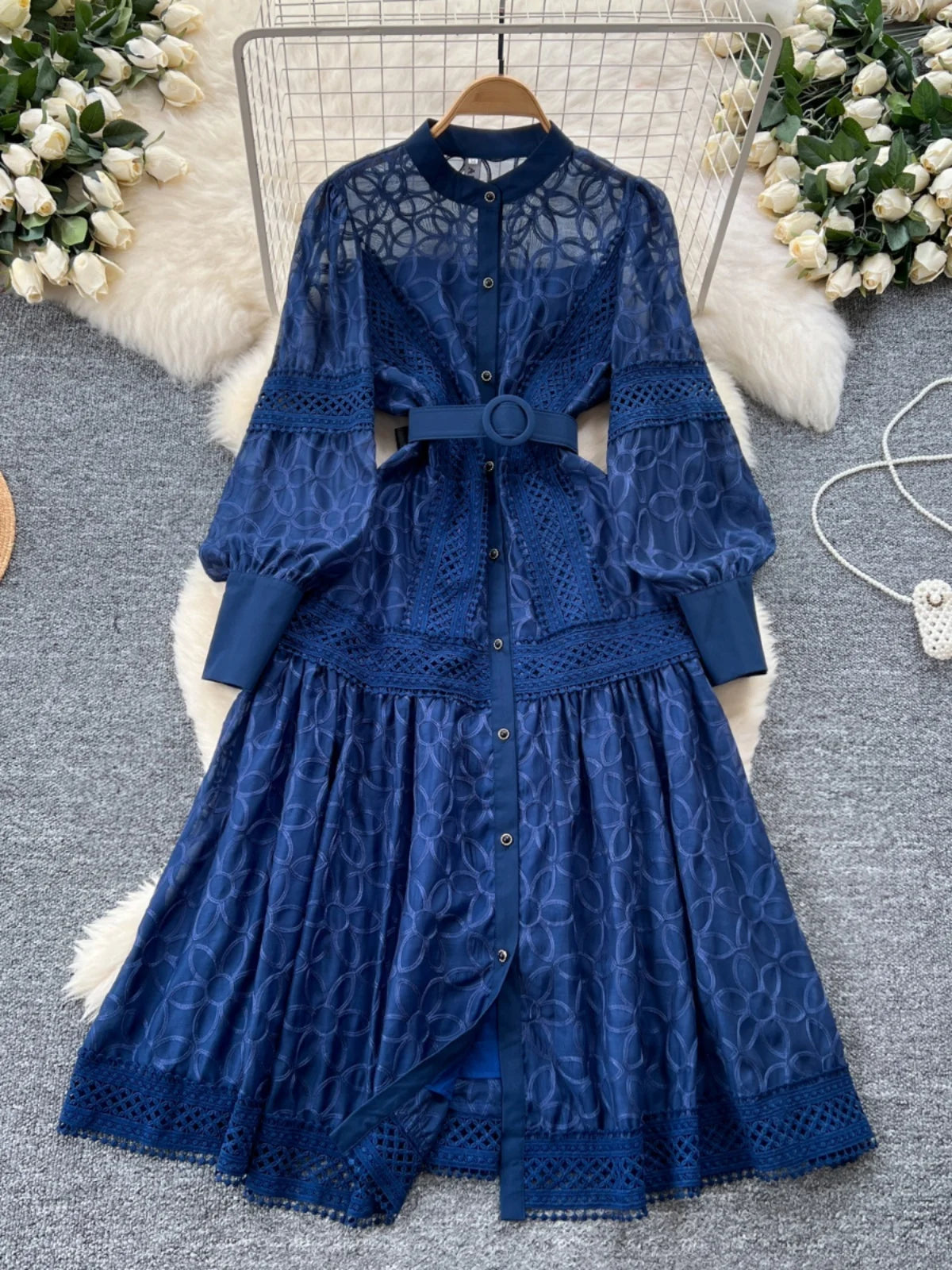 Court Sle Heavy Embroidery Lantern Sve Long Dr Women's Retro Winter Faion High Waist A-Line Dr Korean Version