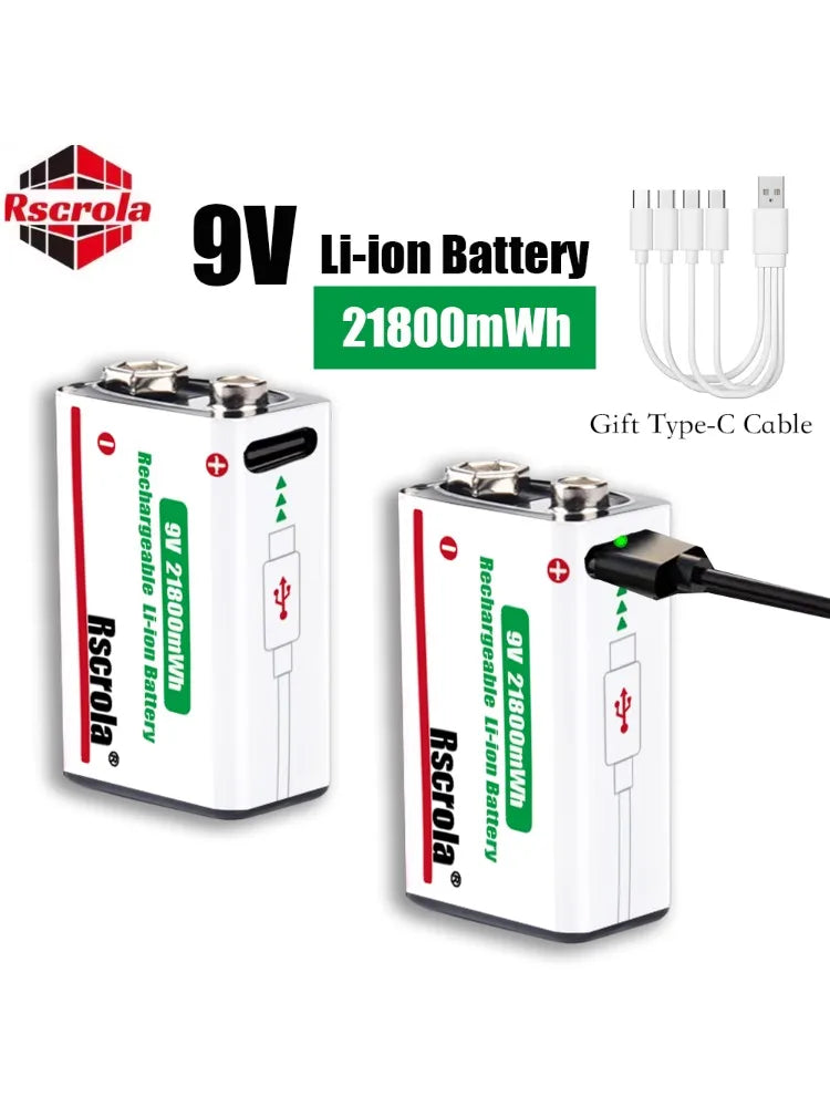 Long-Lasting 9V Lithium ion Rechargeable Battery 21800mWh High Capacity for Guitar Microphone Smoke Detector Pedal with Cable