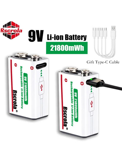 Long-Lasting 9V Lithium ion Rechargeable Battery 21800mWh High Capacity for Guitar Microphone Smoke Detector Pedal with Cable