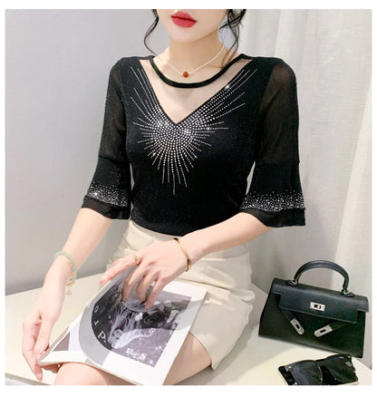 2026 Spring Summer Mesh Tops Korean Fashion Diamond T Shirt Slim 3/4 Sleeve Hollow Out Casual Women Shirt