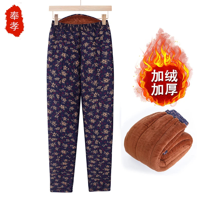 Thickened Camel down Women's Pants Autumn Winter Warm Long Trousers Fashionable Loose Fit Elderly Ladies Fashion Bamboo Leaf