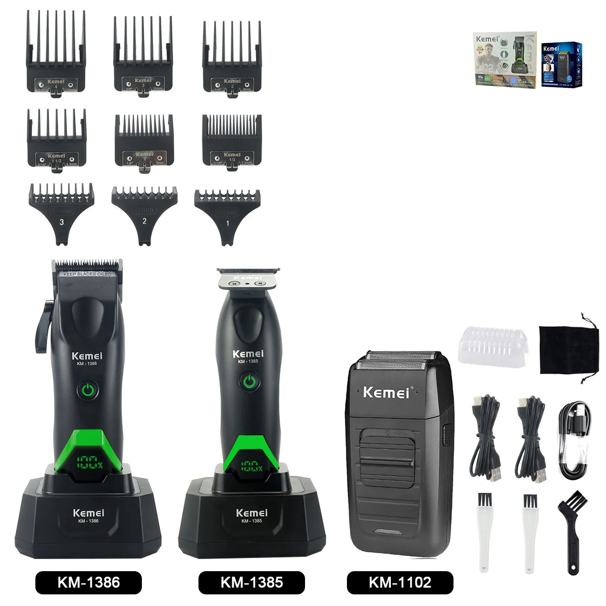 Kemei 1386 Men's Hair Clipper 8000RPM DLC Blade with Base Charger LED Display 2000mAh Professional Hair Cutting Machine Trimmer