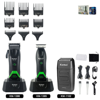 Kemei 1386 Men's Hair Clipper 8000RPM DLC Blade with Base Charger LED Display 2000mAh Professional Hair Cutting Machine Trimmer