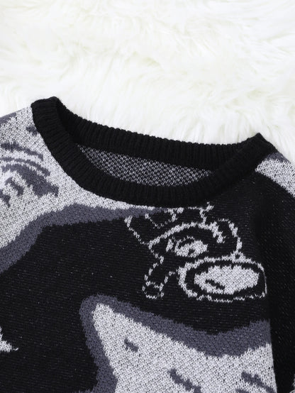 New Trendy Spring and Autumn Astronaut Reaching for the Stars Jacquard Pattern Pullover Sweater, Casual Round-Neck Color-Block Knit Men's Pullover, Suitable for Everyday Wear, Unisex Top for Going Out, Regular Fit, Suitable f