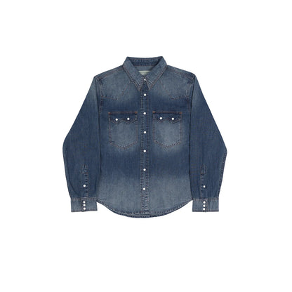 American Retro Western Denim Shirt Raw Denim Washed Casual Pearl Snap Button Western Shirt