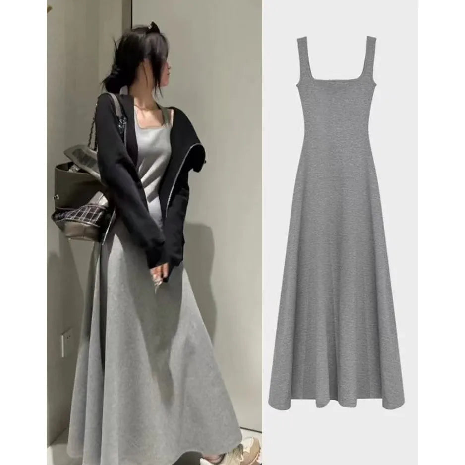 Summer Square Collar Sleeveless Vest Dress Large Size Loose plus Size Outerwear Base Layer over Knee Long Skirt Women's Clothing