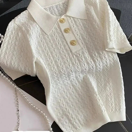 FANAN Ice Silk Polo Shirt Knitted Short Sleeve T-Shirts Lady New Chic Thin Unique Jacquard Women Tops 2025 Korean Style Clothing