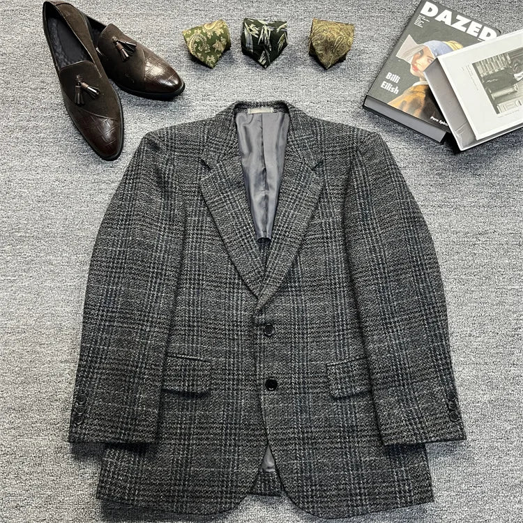 Vintage Unisex Woolen Suit Jacket Simple Casual Plaid Retro Style Warm Windproof Interview Commuting Business Casual Wear