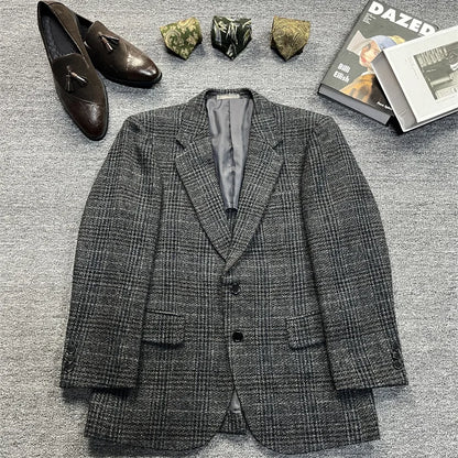 Vintage Unisex Woolen Suit Jacket Simple Casual Plaid Retro Style Warm Windproof Interview Commuting Business Casual Wear
