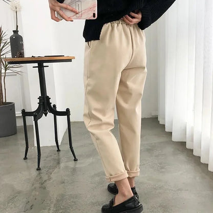 New Simple Warm Pants Women Casual Elastic Waist Pant Autumn Winter Thicken OL Wool Female Pants Loose Lady Trousers Capris