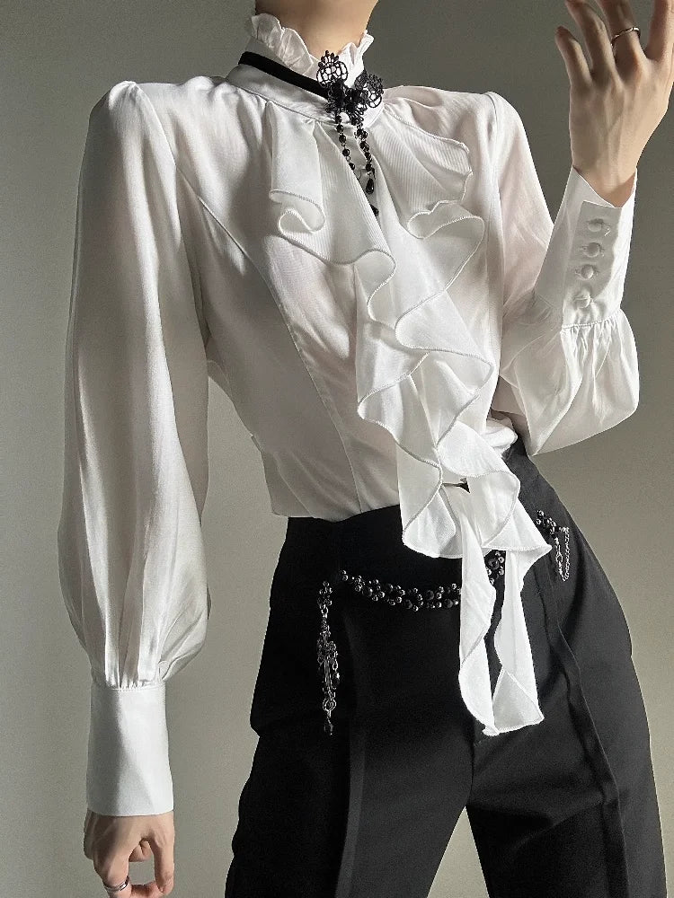 Harajuku Vintage Women Bottoming Shirt Stand Collar Ruffles Slim Fit Blouses Black White 2026 New Long Sleeve Blusas De Mujer