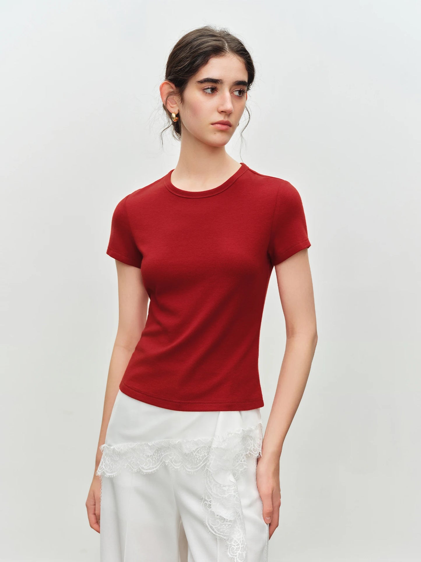 ZIQIAO Elastic Solid Basics Short-sleeved Slim-fit Knit T-shirt for Women New Summer 2026 Design Red Top Daily BF