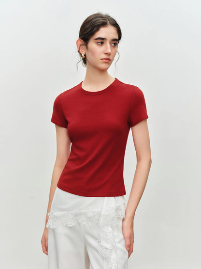 ZIQIAO Elastic Solid Basics Short-sleeved Slim-fit Knit T-shirt for Women New Summer 2026 Design Red Top Daily BF