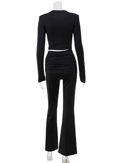 Ahagaga Autumn Fashion Women's Sets Solid Regular Long Sleeves O-Neck Skinny 2Pcs (Tops+Pants) Knot Casual Streetwear Folds Suit