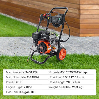 VEVOR Gas Pressure Washer, 3400 PSI 2.6 GPM, Gas Powered Pressure Washer with Aluminum Pump, Spray Gun and Extension Wand