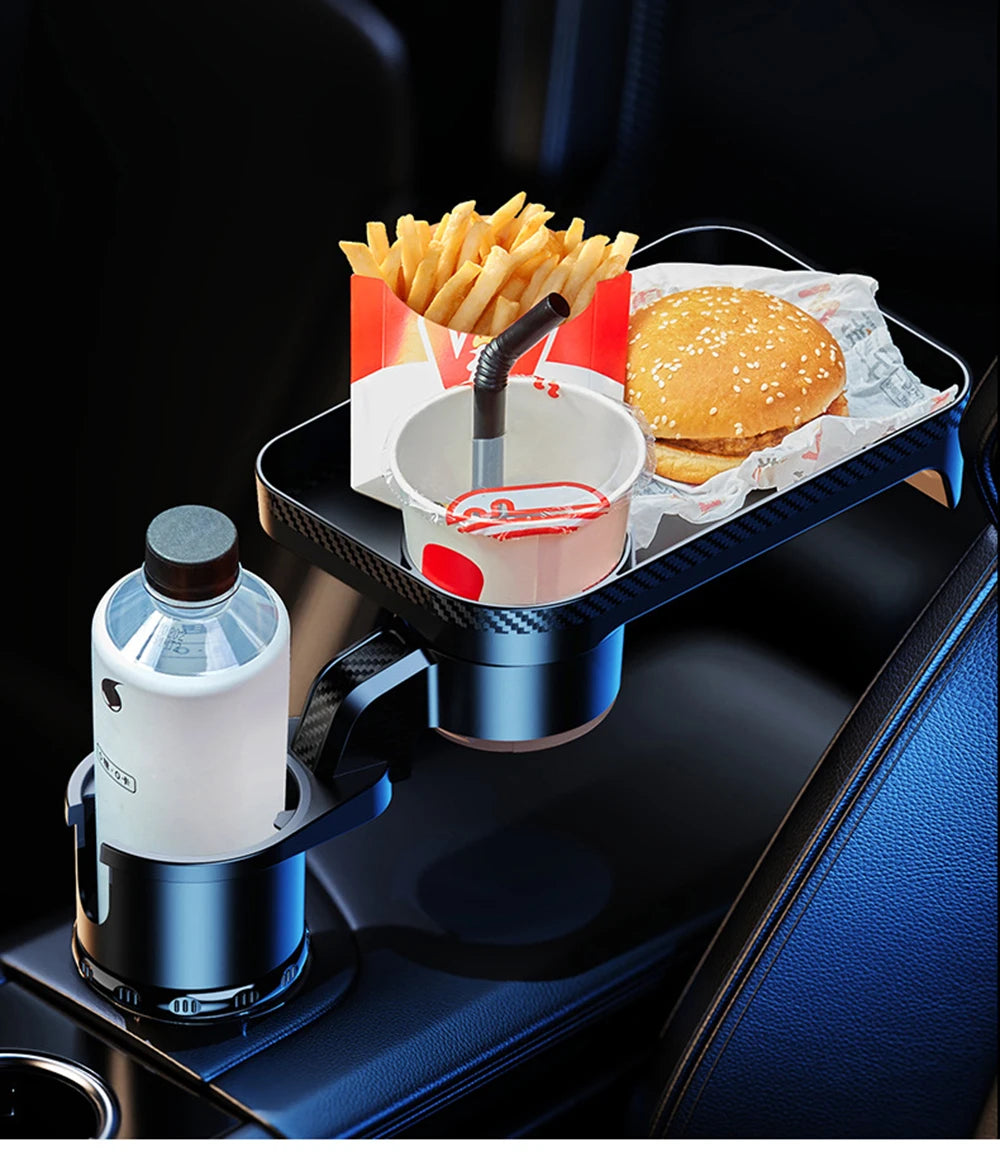 Car Cup Holder Expander Multi-Function Drink Holder with Food Table 360-Degree Adjustable Base Tray for Snack
