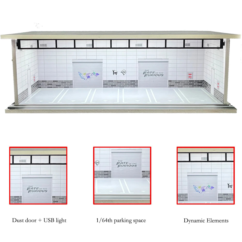 1/64 Scale Diecast Car Garage Diorama Model Miniature Case LED Light Parking Garage Diorama Kit for Collectible Cars Model