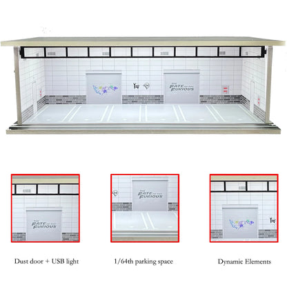 1/64 Scale Diecast Car Garage Diorama Model Miniature Case LED Light Parking Garage Diorama Kit for Collectible Cars Model