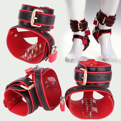 LEZEE Leather Spiked Footcuffs Forced Tiptoe With Lock Bondage Restraints Strap Heavy Duty Foot Stimulation Slave Toy For Couple