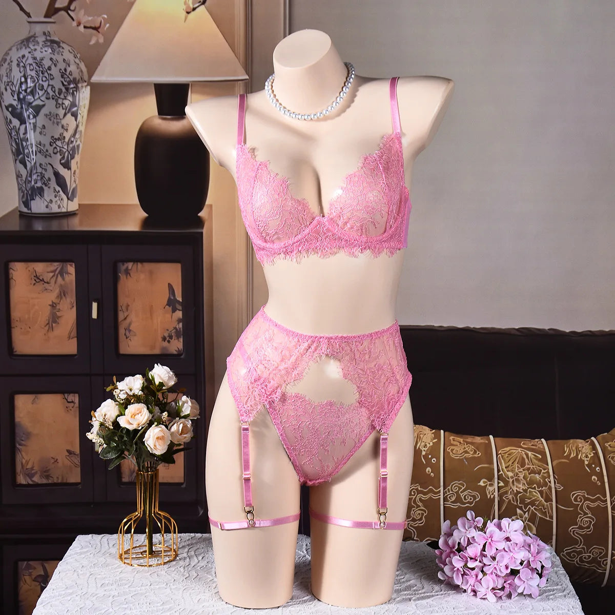 Ellolace Solid Lingeries Sexy Hot Elegant Bra Belt Thong 3PC with Leg Circles Cute Intimate Seductive Lace Tempted Underwear