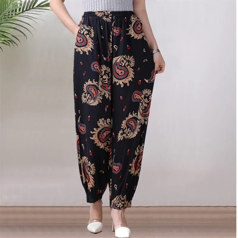 High Waist Lantern Pants Casual Cotton Silk Large Size Printed Long Trousers for Middle-Aged And Elderly Women