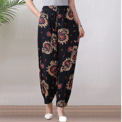High Waist Lantern Pants Casual Cotton Silk Large Size Printed Long Trousers for Middle-Aged And Elderly Women