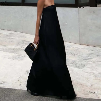 Oymimi Elegant Black Satin Womens Dresses Fashion Strapless Loose Solid Dresses Casual Simple Floor-Length Dress Female Clothing