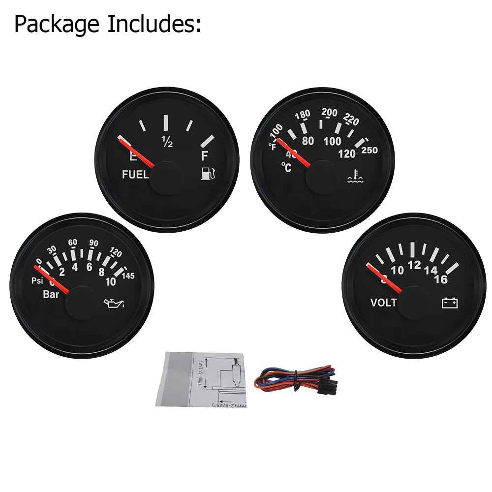Universal 4 Gauge Set 52mm Water Temp Oil Pressure Fuel Level 0-190 240-33 ohm Meter Voltmeter with Backlight for Car Boat 12V