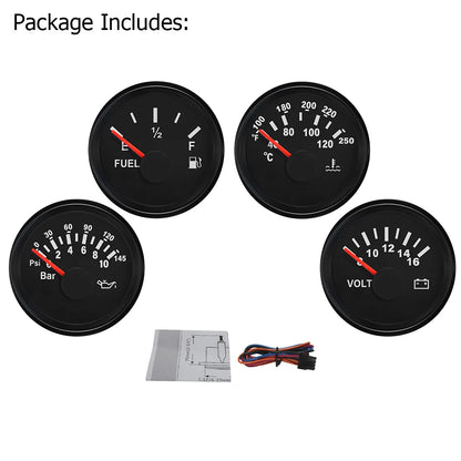 Universal 4 Gauge Set 52mm Water Temp Oil Pressure Fuel Level 0-190 240-33 ohm Meter Voltmeter with Backlight for Car Boat 12V