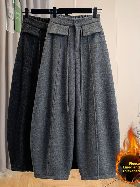 Warm Fleece Lined Trousers with Drawstring Casual Wide Leg Knife  Pants High Waist Polyester Blend Winter Fashion Ladies