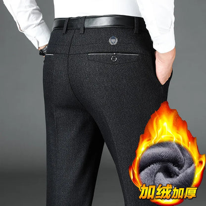 Warm Fleece Black Winter Casual Pants Men Clothing Flat Business Suit Trousers for Men Autumn Straight Formal Dress Pants 2022